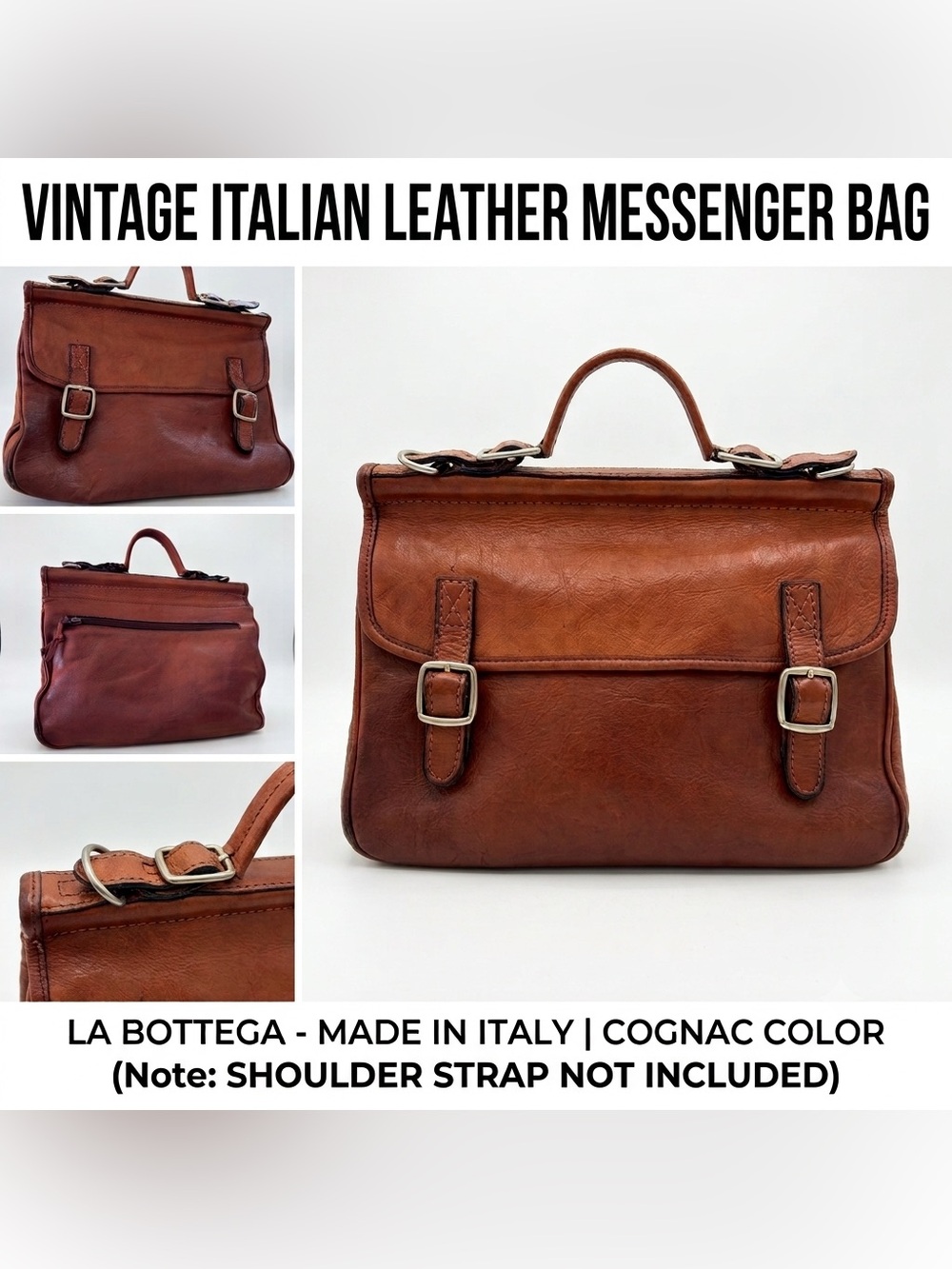 La Bottega Cognac Leather Messenger Bag - Italian Vintage Style
